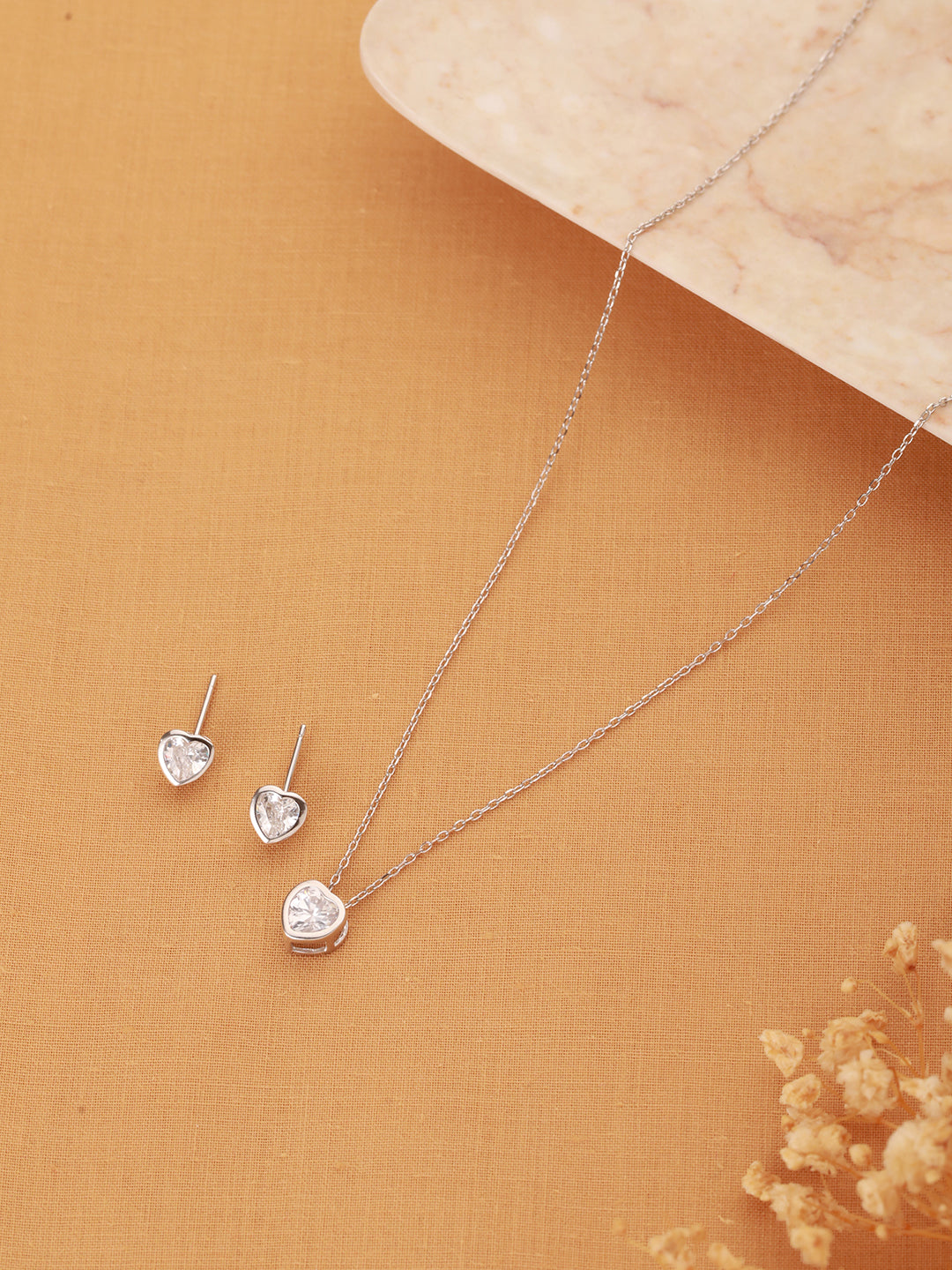 925 Sterling Silver CZ Studded Solitaire Heart Shaped Pendant Jewellery Set